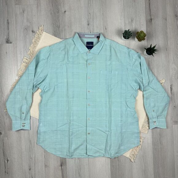 Tommy Bahama Linen Blend Button Up Shirt Mens 2XL Blue Long Sleeve - Picture 1 of 11
